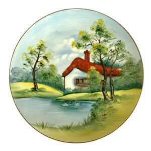 Vintage 1950s Japan Hand Painted Scenic Woodland Cabin Collectible Plate 8"